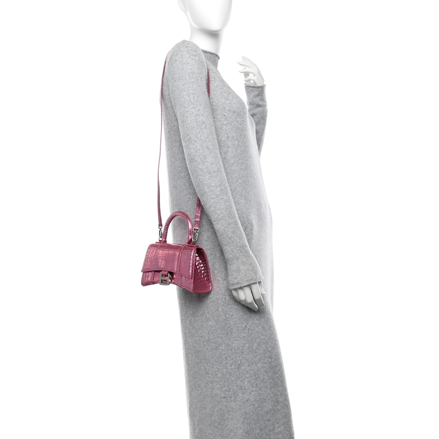 Metallic Shiny Calfskin Crocodile Embossed Hourglass Top Handle Bag XS Pink
