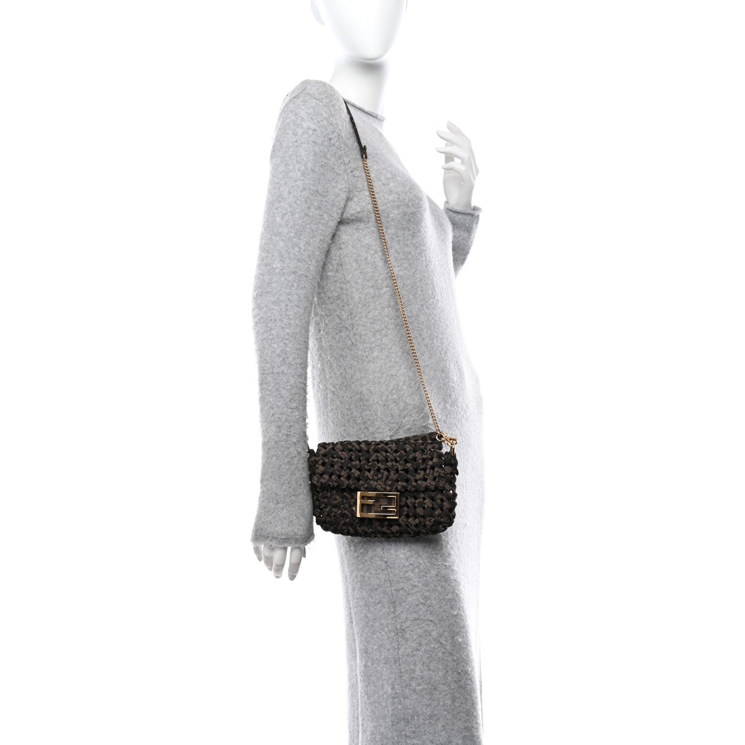 Fendi Fabric Jacquard FF 1974 Woven Knotted Mini Baguette Tobacco Moro 2 of 11