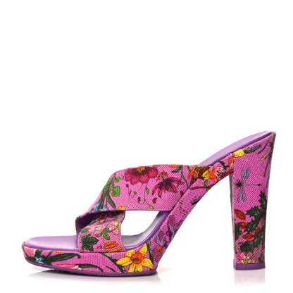 Gucci Canvas Floral Print Webby Crossover High Heel Slide Sandals 37 Cyclamin Multicolor 1 of 7