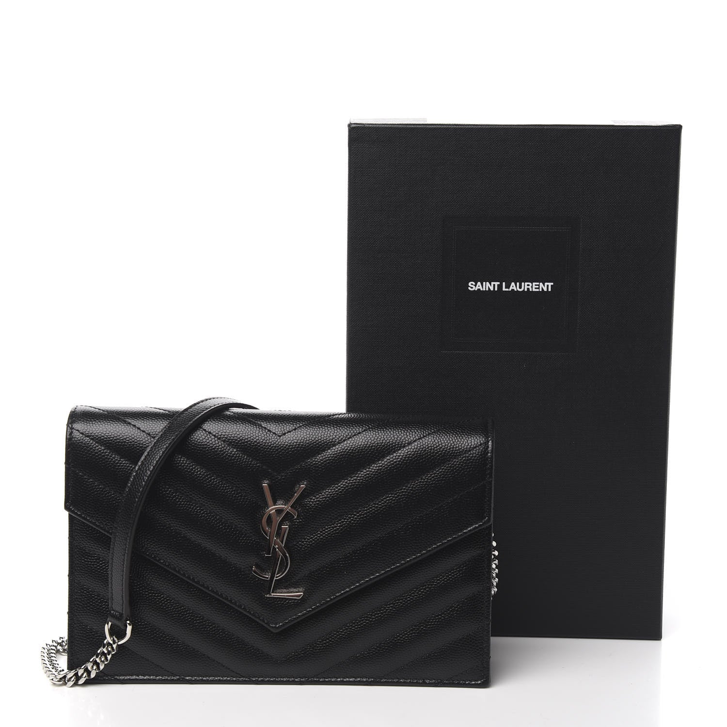 Saint Laurent Grain De Poudre Matelasse Chevron Monogram Envelope Chain Wallet Black 11 of 11