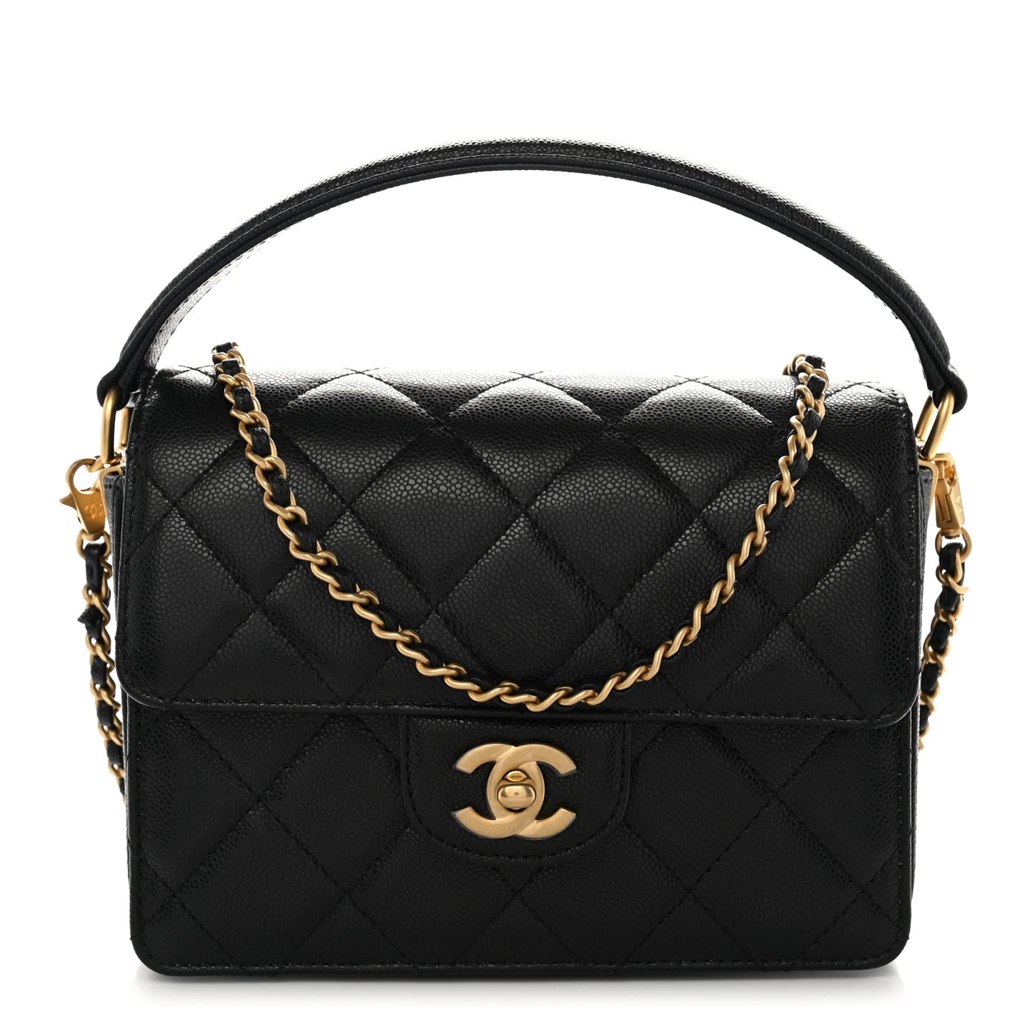 Shiny Caviar Quilted Mini Top Handle Flap Black