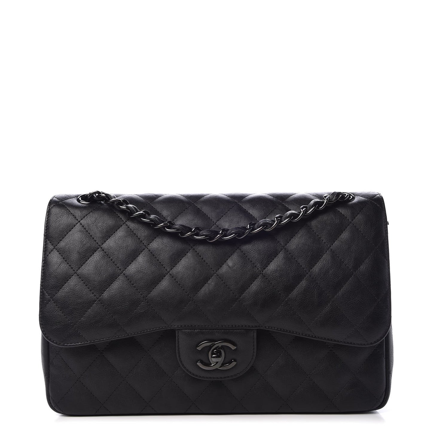 Crumpled Calfskin Quilted Jumbo Double Flap So Black