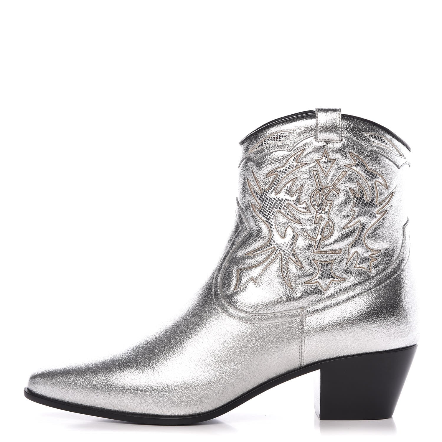 Saint Laurent Metallic Calfskin Rock 40 Cowboy Ankle Boots 38.5 Argento 1 of 9