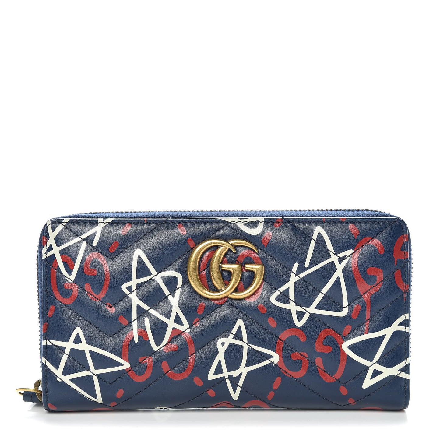 Calfskin Matelasse GucciGhost GG Marmont Zip Around Wallet Blue Agata Hibiscus Red