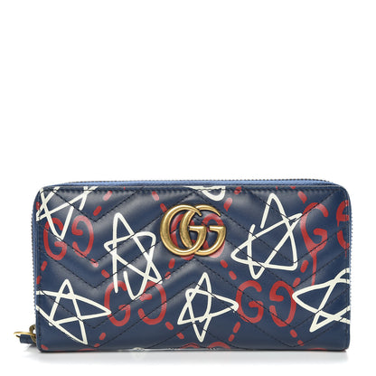 Gucci Calfskin Matelasse GucciGhost GG Marmont Zip Around Wallet Blue Agata Hibiscus Red 1 of 7