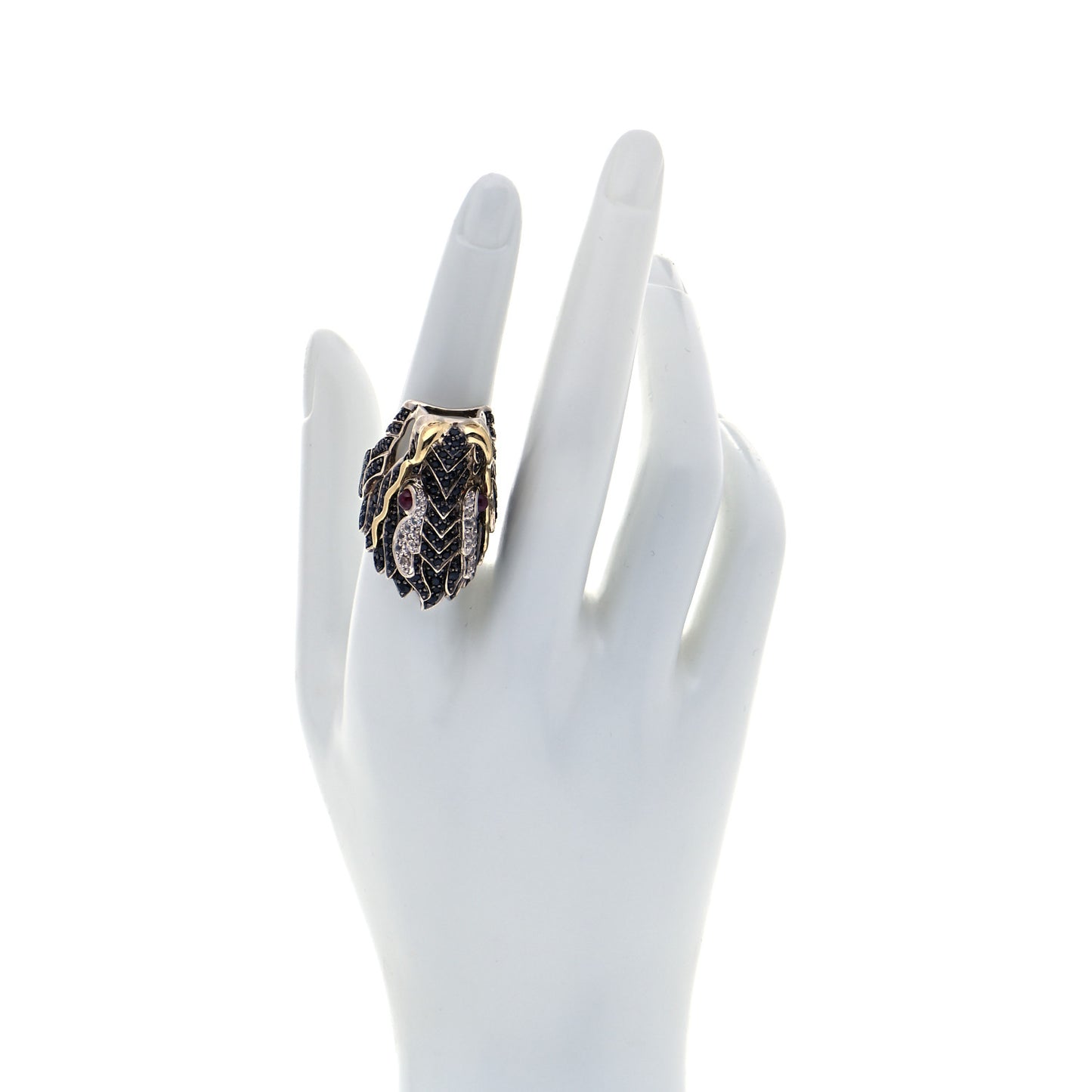 Sterling Silver 18K Yellow Gold Ruby Black Sapphire White Sapphire Naga Head Ring 54 7