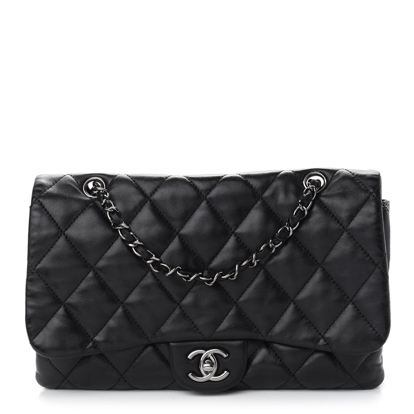 Lambskin Quilted Jumbo 3 Flap Black