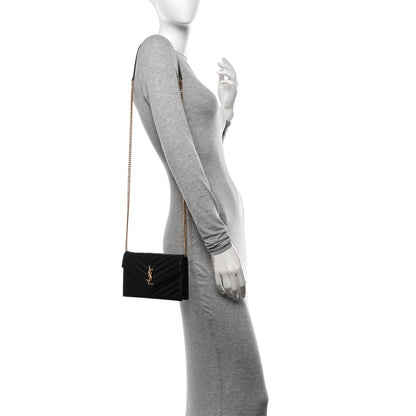 Saint Laurent Grain De Poudre Matelasse Chevron Monogram Envelope Chain Wallet Black 2 of 11