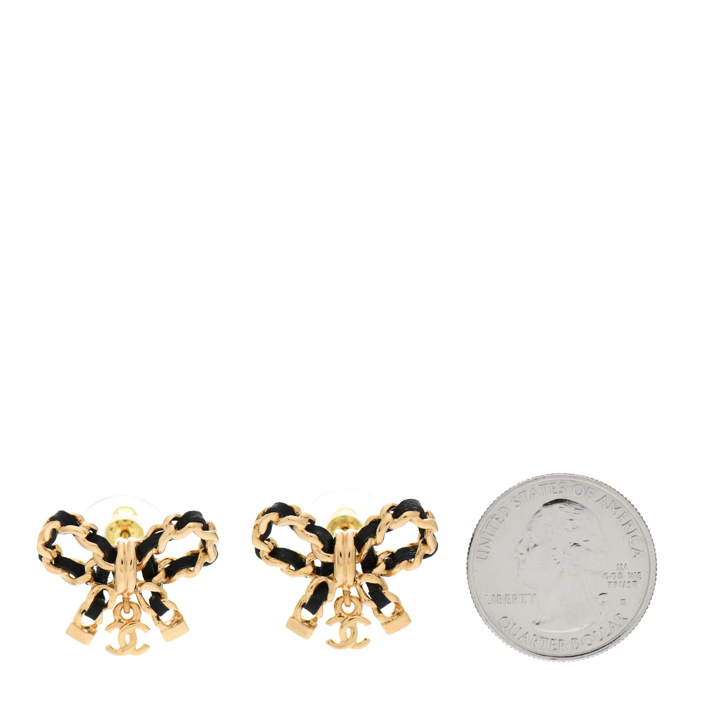Lambskin Chain Bow Stud Earrings Black Gold