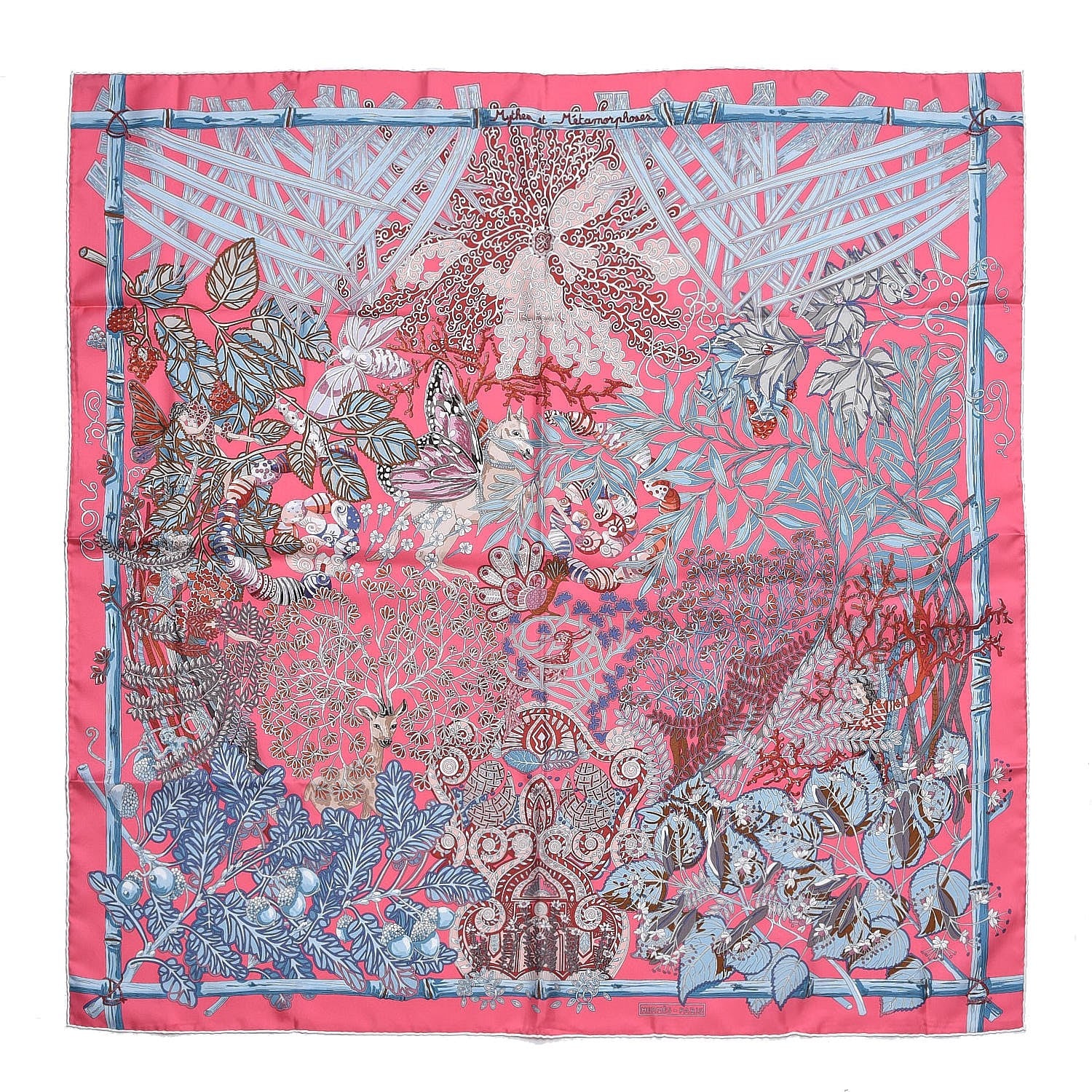 Hermes Silk Mythes et Metamorphoses Scarf 90 Rose Vif Bleu Beige Rose 1 of 5
