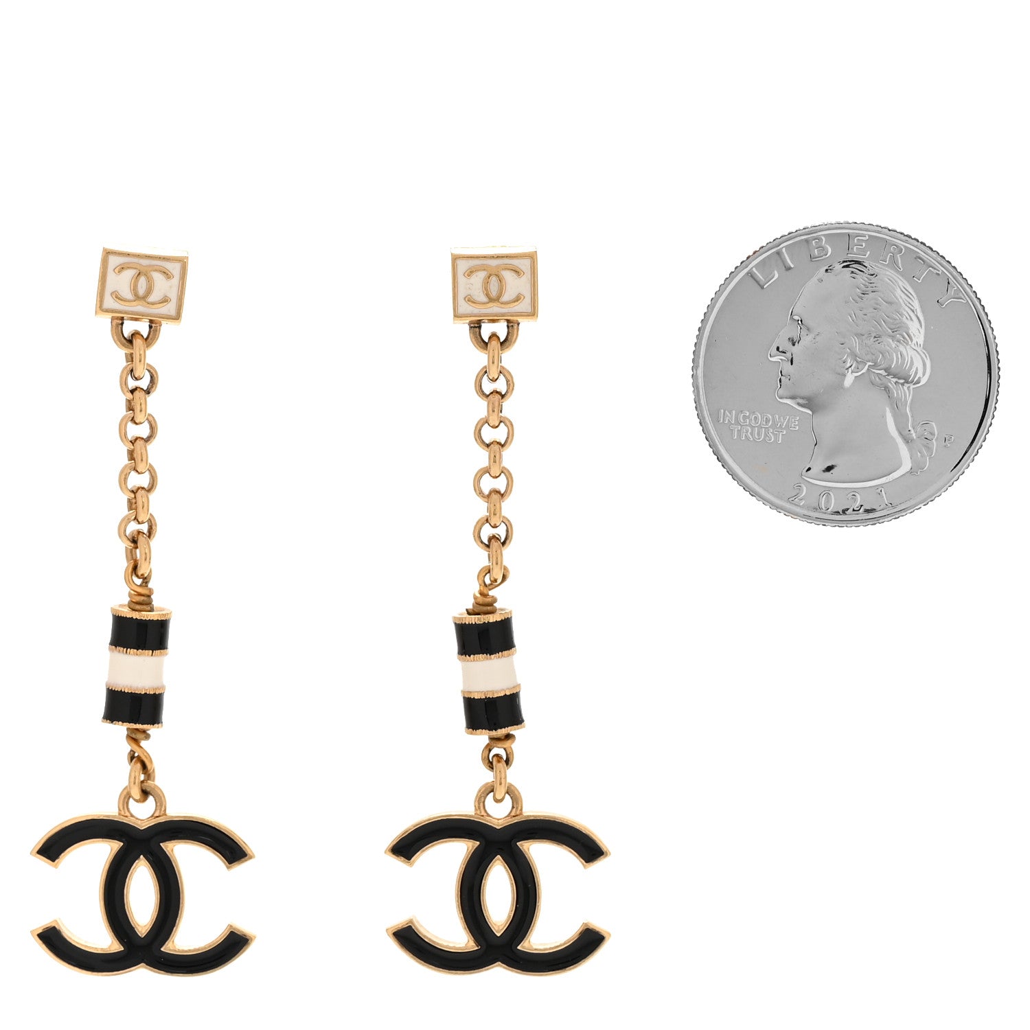 Chanel Metal Enamel CC Square Drop Earrings Black Gold White 2 of 5