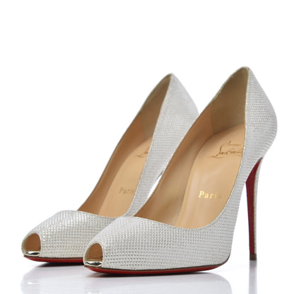 Christian Louboutin Metallic Canvas Peep Toe Pumps 37.5 White 3 of 15