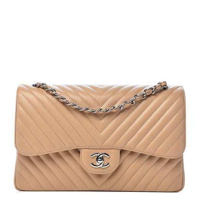 Chanel Caviar Chevron Quilted Jumbo Double Flap Beige 1 of 12