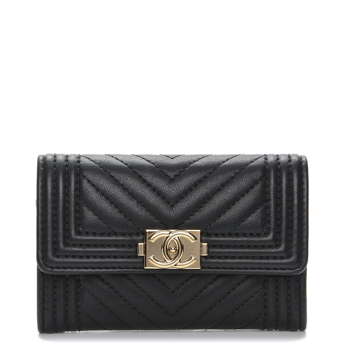 Calfskin Chevron Quilted Boy Card Holder Wallet Black