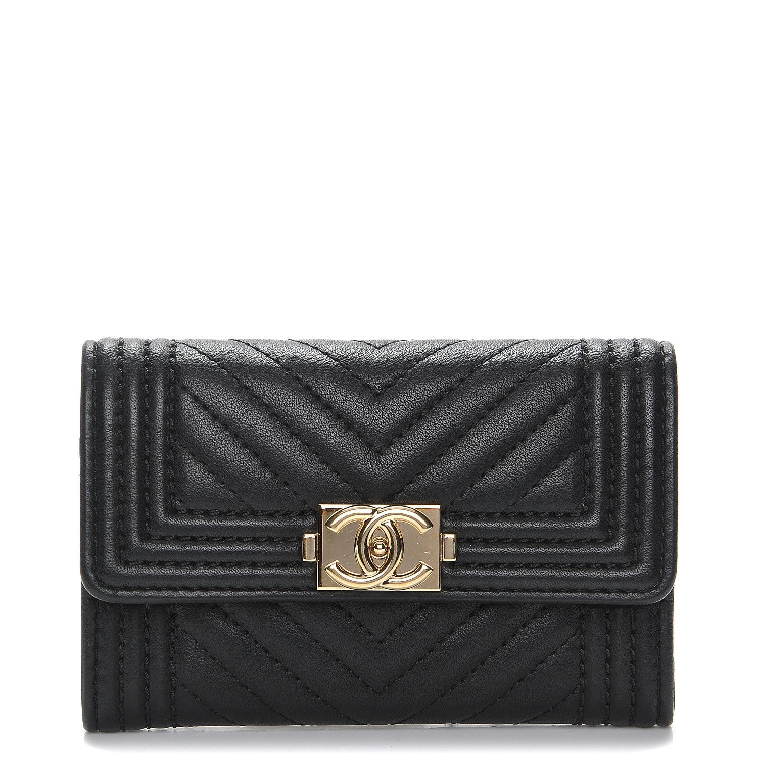 Chanel Calfskin Chevron Quilted Boy Card Holder Wallet Black 1 of 9
