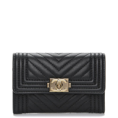 Chanel Calfskin Chevron Quilted Boy Card Holder Wallet Black 1 of 9