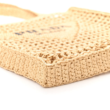 Prada Yarn Raffia Effect Crochet Logo Embroidered Tote Bag Naturale 8 of 9