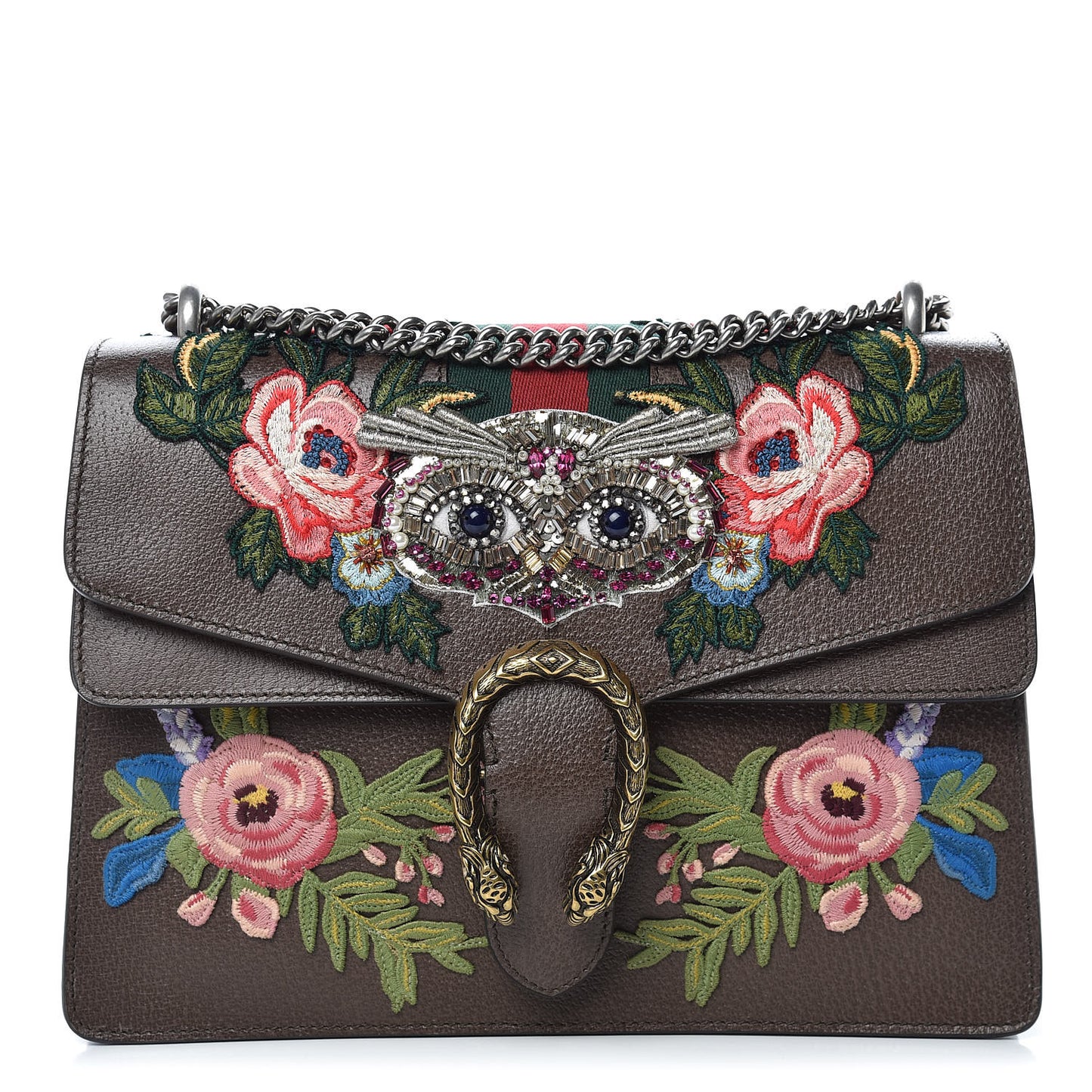 Calfskin Web Owl Embroidered Medium Dionysus Shoulder Bag New Acero Multicolor