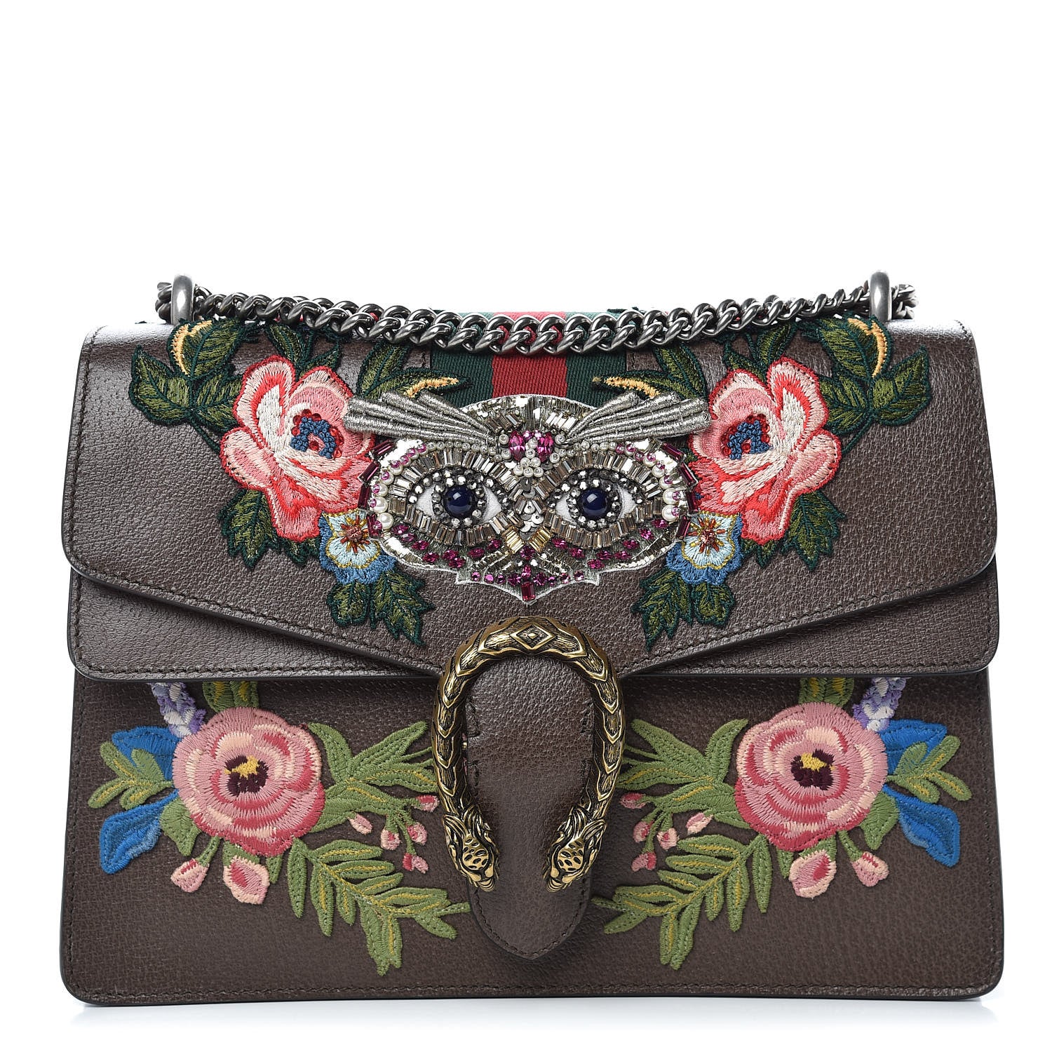 Gucci Calfskin Web Owl Embroidered Medium Dionysus Shoulder Bag New Acero Multicolor 1 of 10