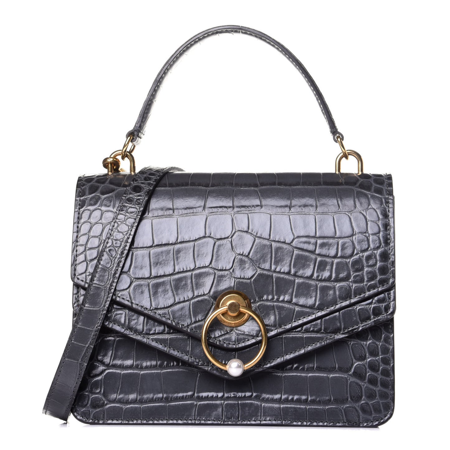 Calfskin Crocodile Embossed Medium Harlow Satchel Dark Grey