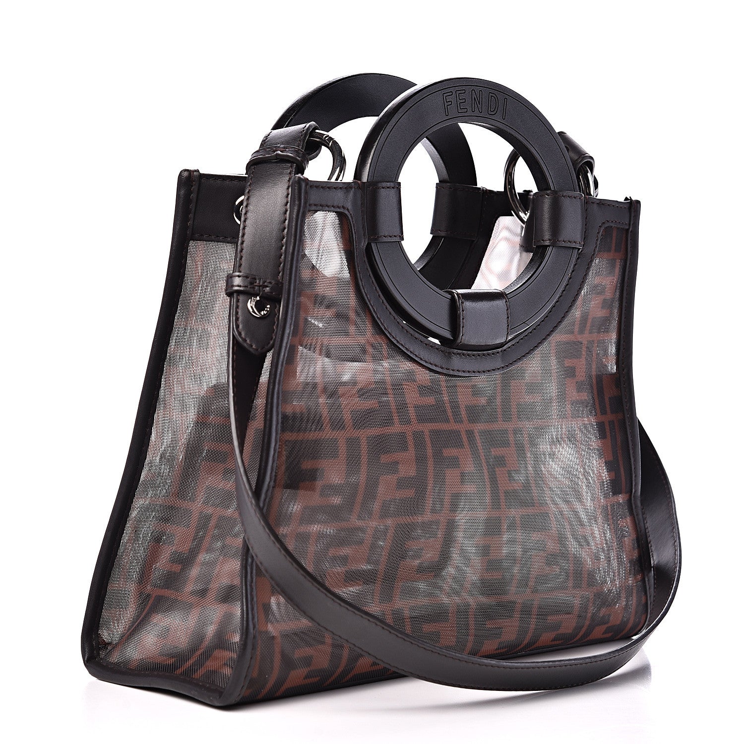 Fendi Mesh Vitello Century Cuoio FF 1974 Small Runaway Shopper Tote Marrone Black Ebano 2 of 12
