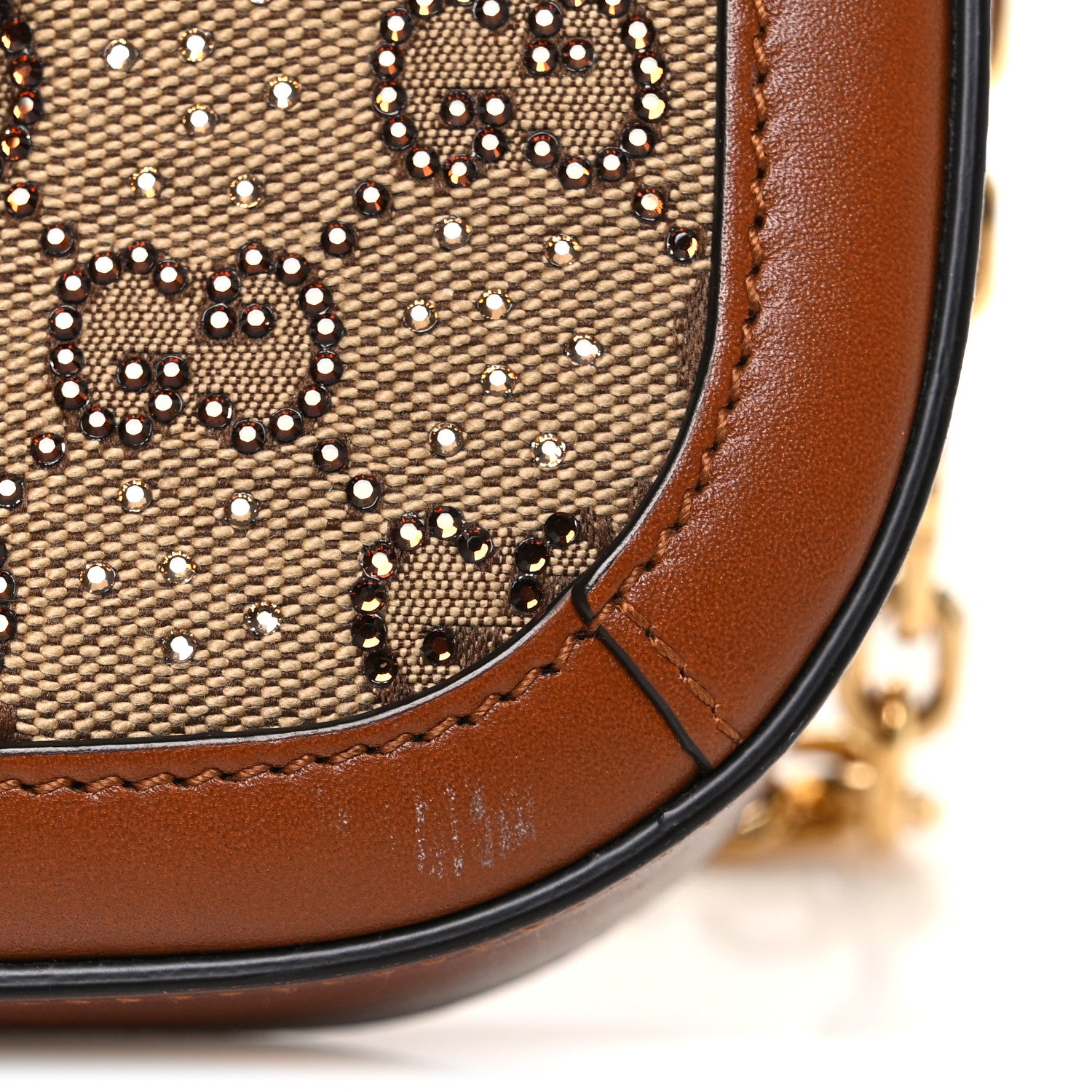 Gucci New Canvas Charisma Calfskin Crystal GG Monogram Mini Horsebit 1955 Shoulder Bag Camel Ebony 11 of 11
