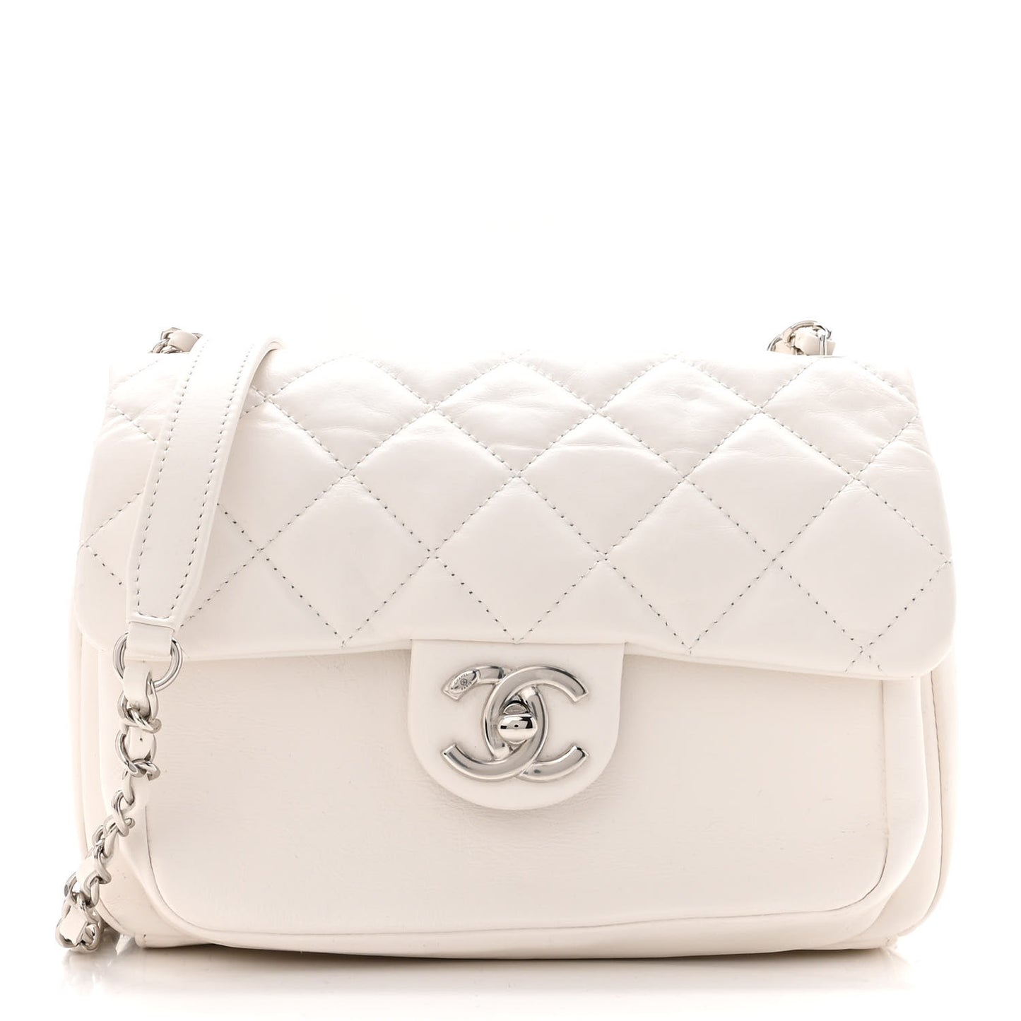 Aged Calfskin Quilted Express Zip Around Flap White