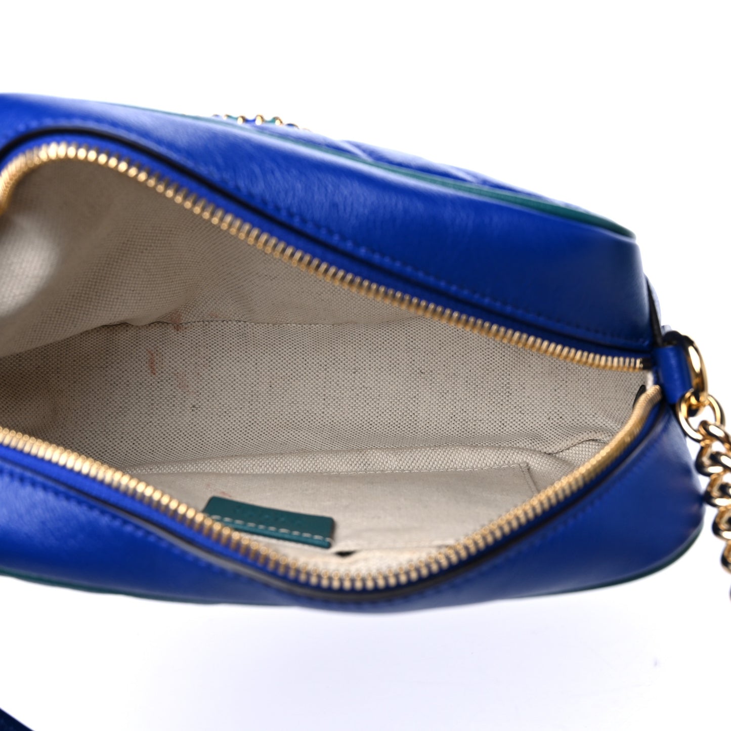Azalea Calfskin Enamel Matelasse Diagonal Small Torchon GG Marmont Chain Shoulder Bag Imperial Blue Pavone
