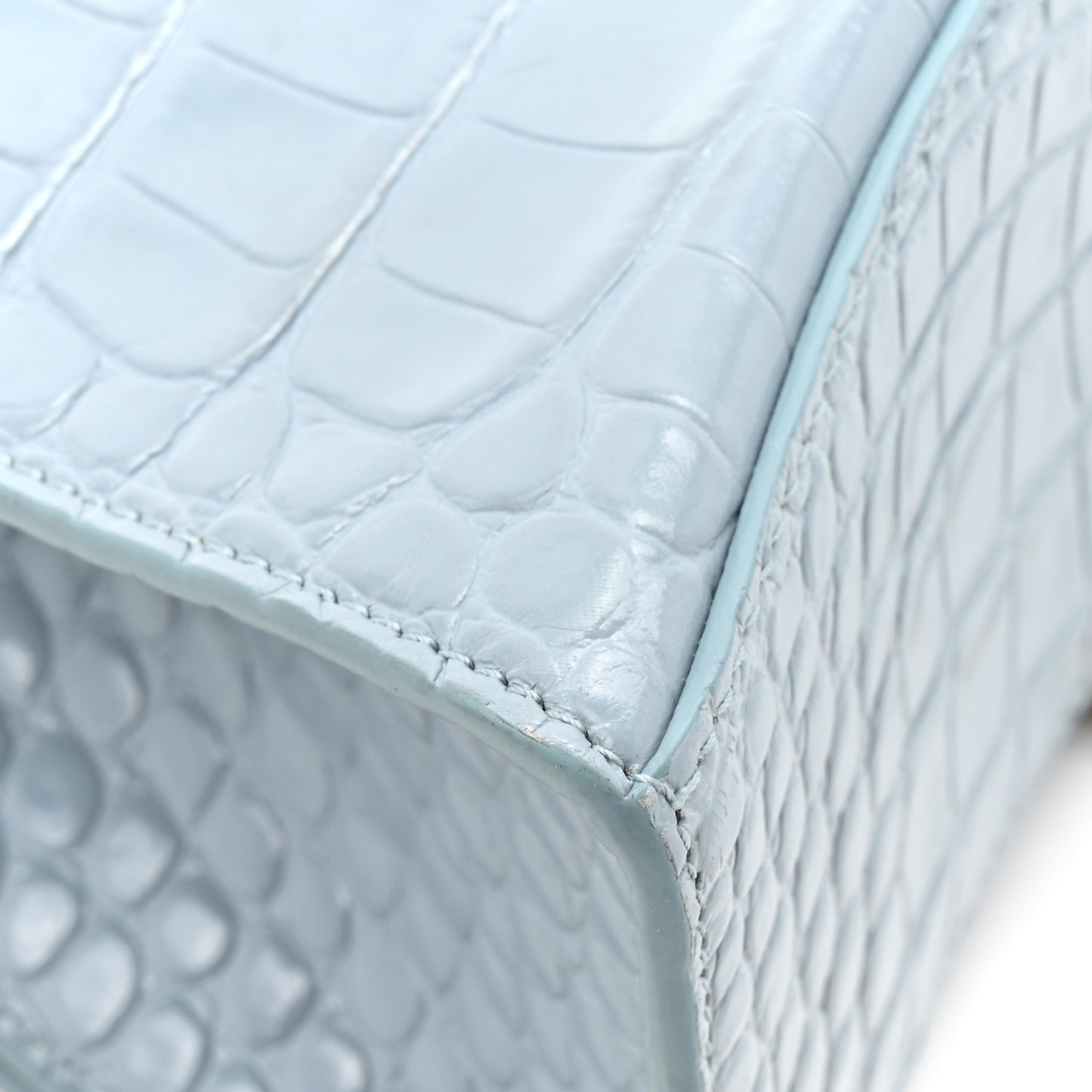 Shiny Calfskin Crocodile Embossed Small Hourglass Top Handle Bag Blue Grey