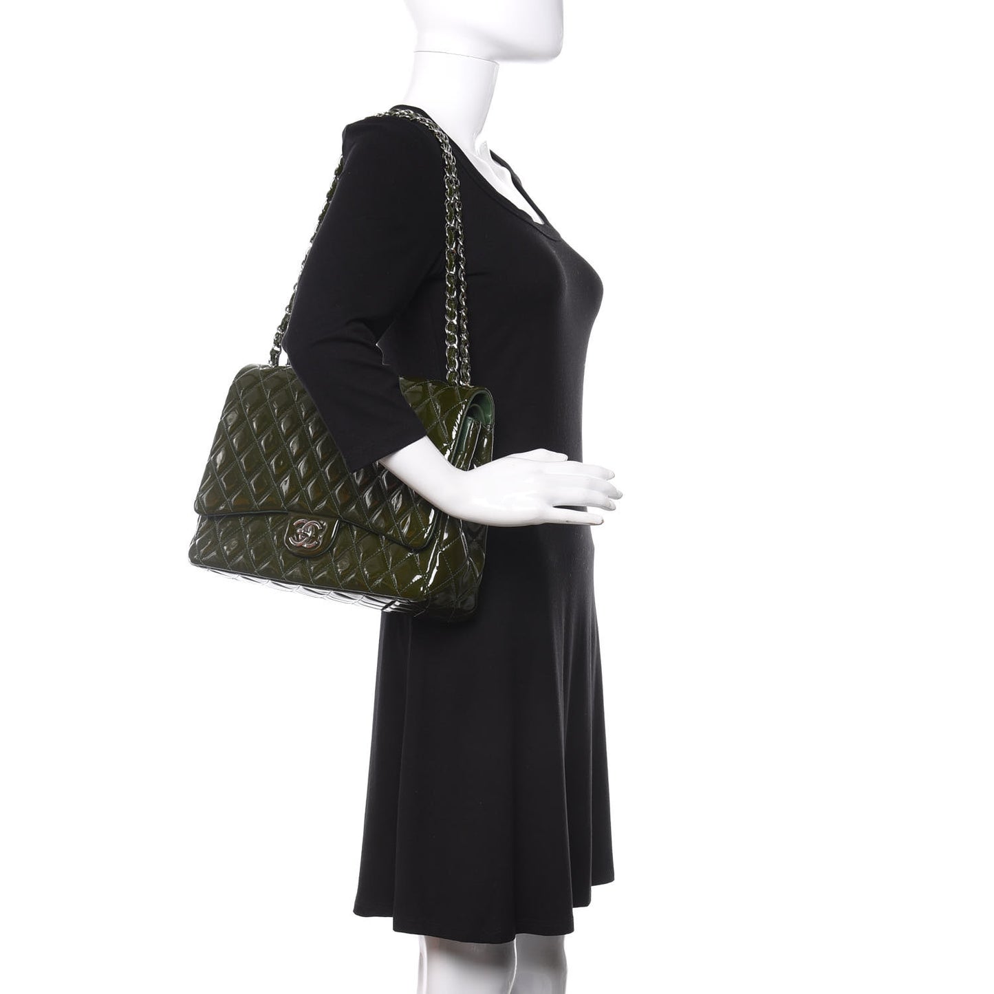 Patent Quilted Maxi Double Flap Dark Green