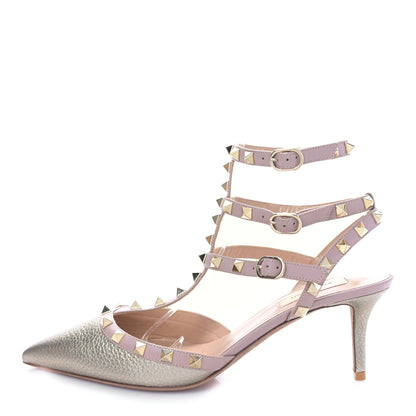 Valentino Garavani Metallic Pebbled Calfskin Rockstud Ankle Strap 65mm Pumps 39.5 Skin Poudre 1 of 7