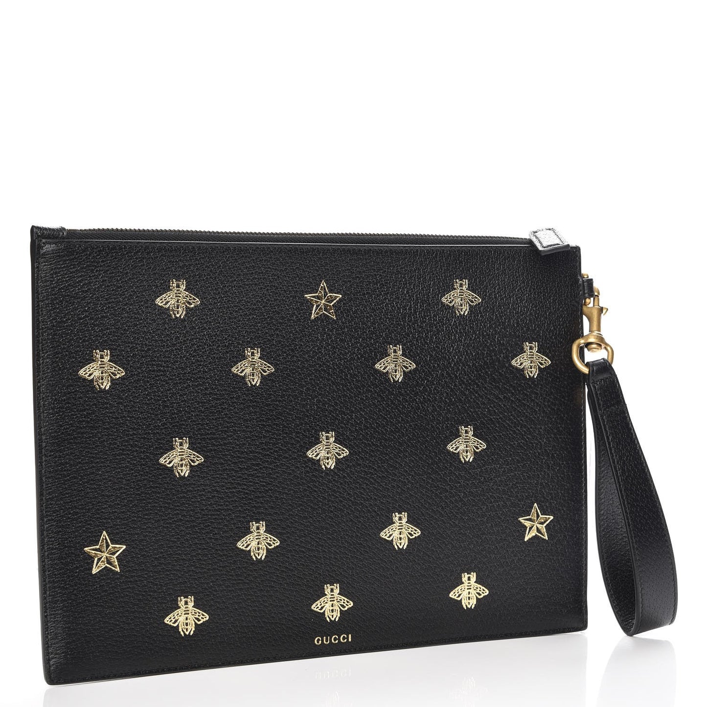 Dollar Calfskin Boar Effect Bee Star Zip Wristlet Pouch Black