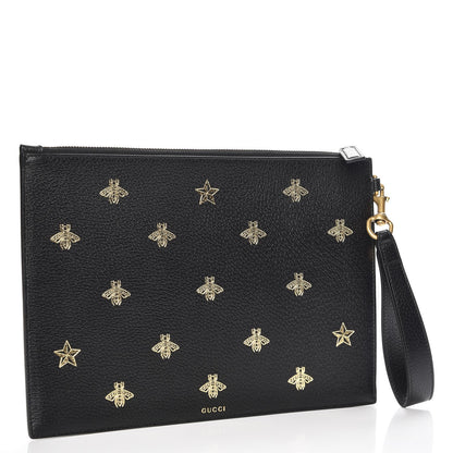 Gucci Dollar Calfskin Boar Effect Bee Star Zip Wristlet Pouch Black 3 of 7