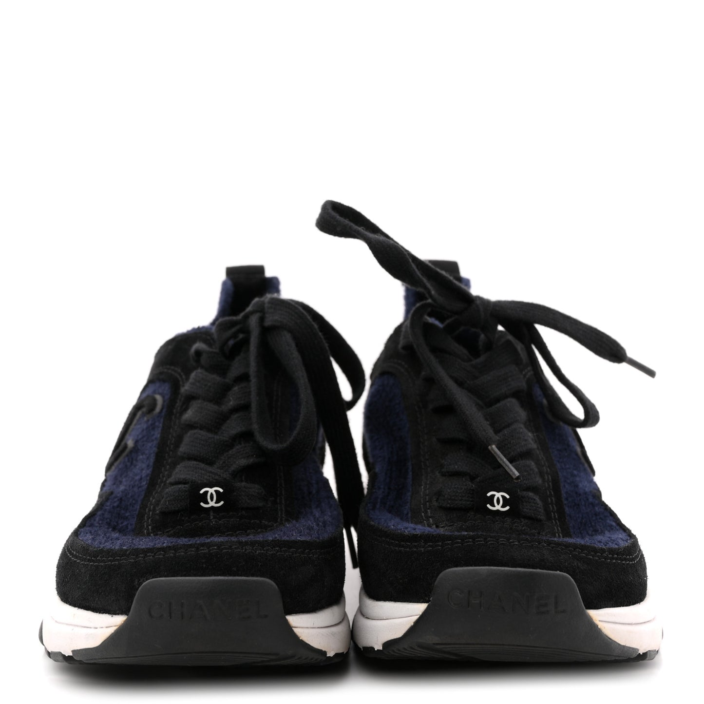 Knit Fabric Suede Calfskin Womens CC Sneakers 36 Navy Black