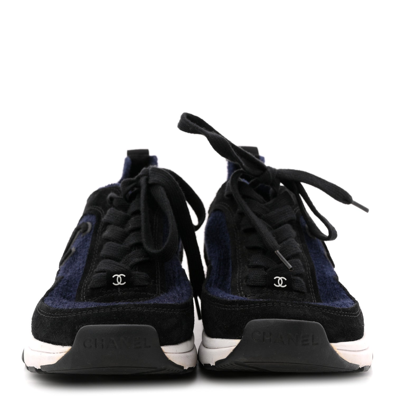 Chanel Knit Fabric Suede Calfskin Womens CC Sneakers 36 Navy Black 3 of 8