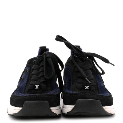 Chanel Knit Fabric Suede Calfskin Womens CC Sneakers 36 Navy Black 3 of 8