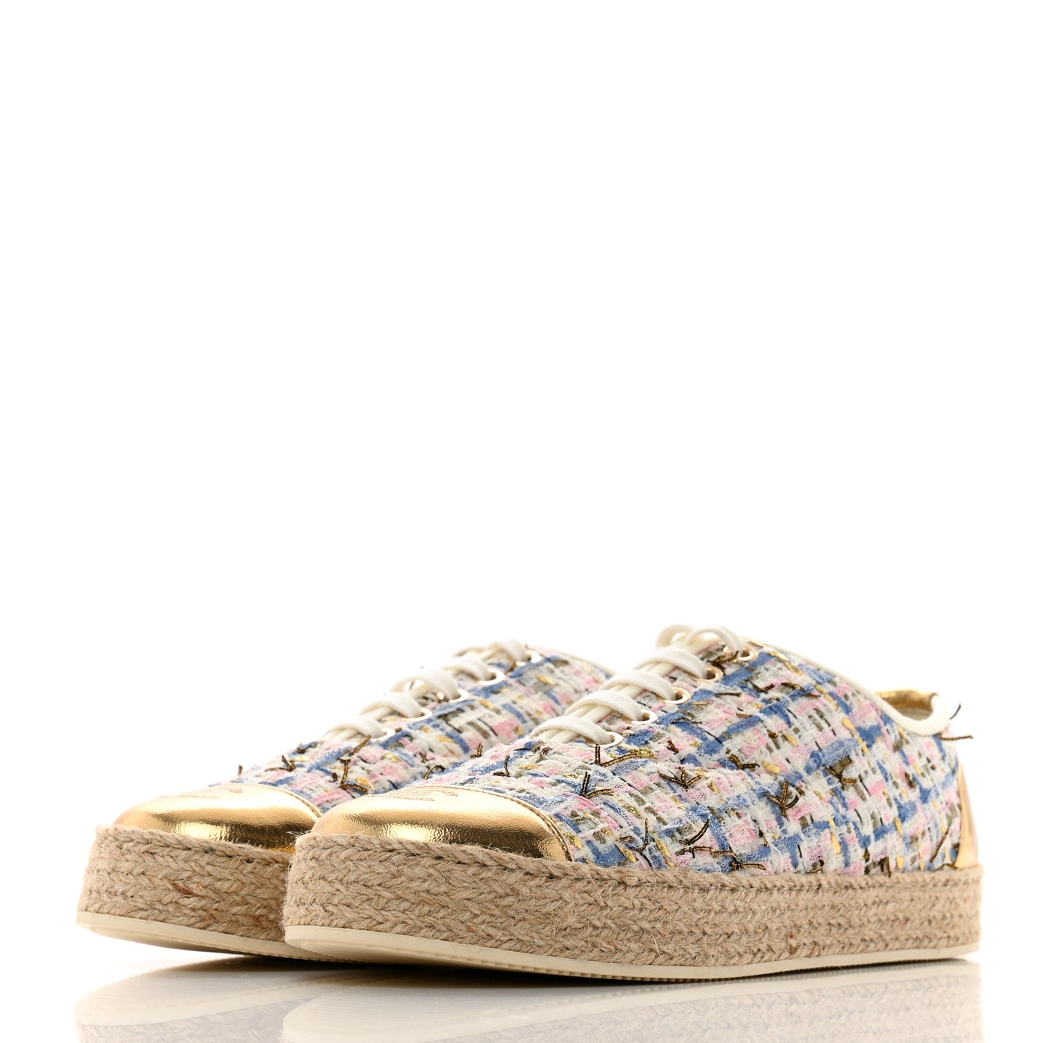 Chanel Tweed Laminated Lambskin Lace Up Espadrilles 39 Pink Blue Gold White 4 of 9