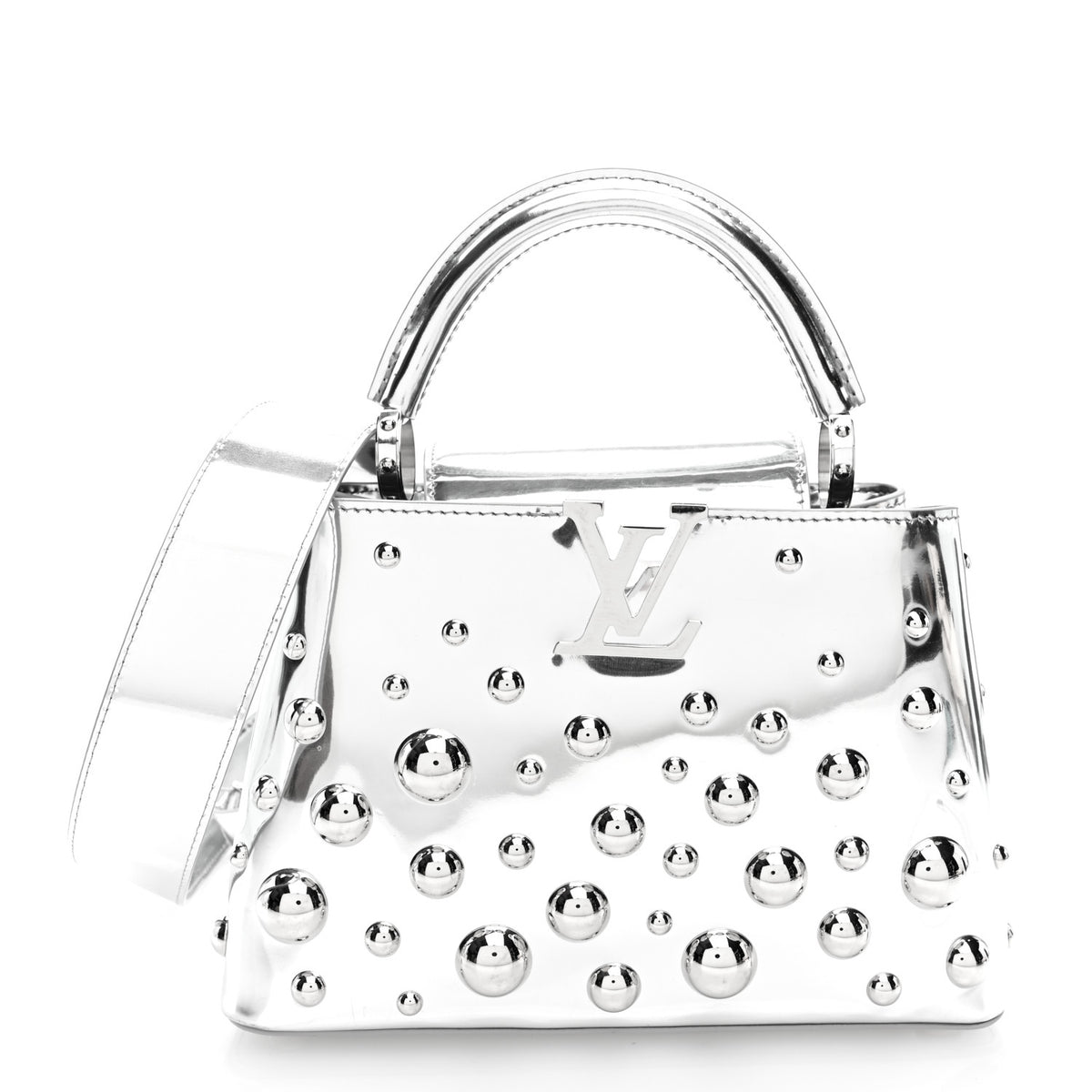 LV X YK Metallic Taurillon Brass Metal Dots Capucines BB Silver