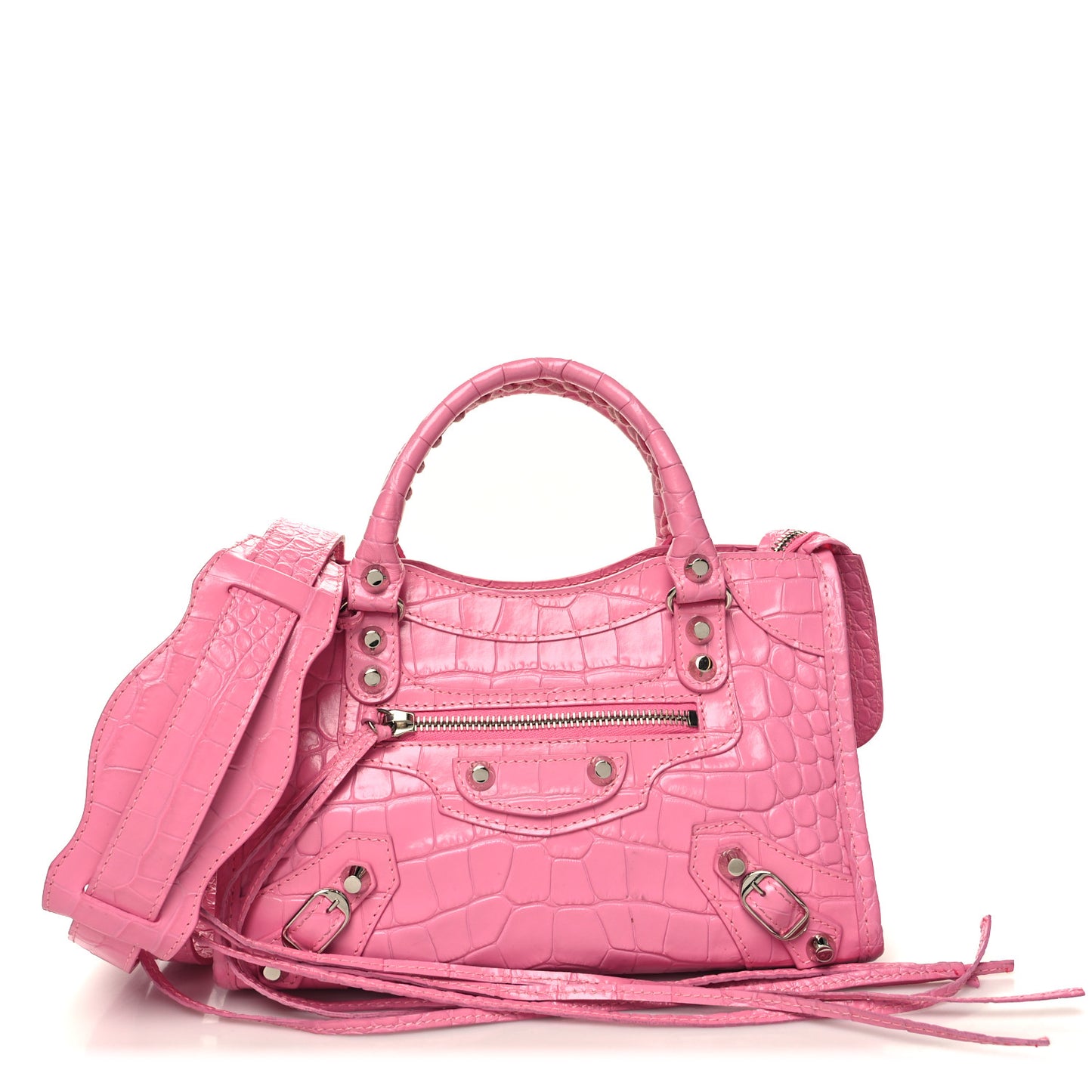 Shiny Supple Calfskin Crocodile Embossed Classic Silver Hardware Mini City Baby Pink