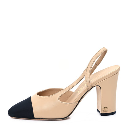 Chanel Lambskin Grosgrain Cap Toe CC Slingback Pumps 35 Beige Black 1 of 10