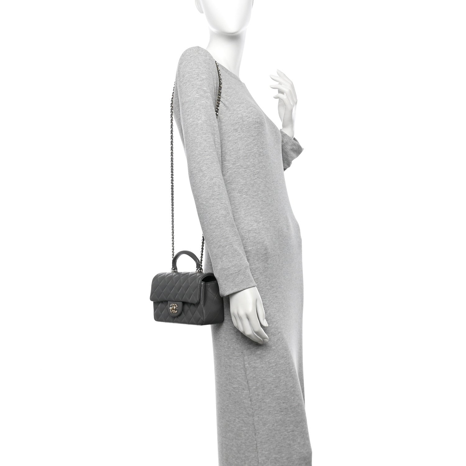 Chanel Lambskin Quilted Mini Top Handle Rectangular Flap Grey