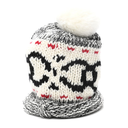 Chanel Wool Shearling CC Beanie Hat Ivory Black Red 3 of 7