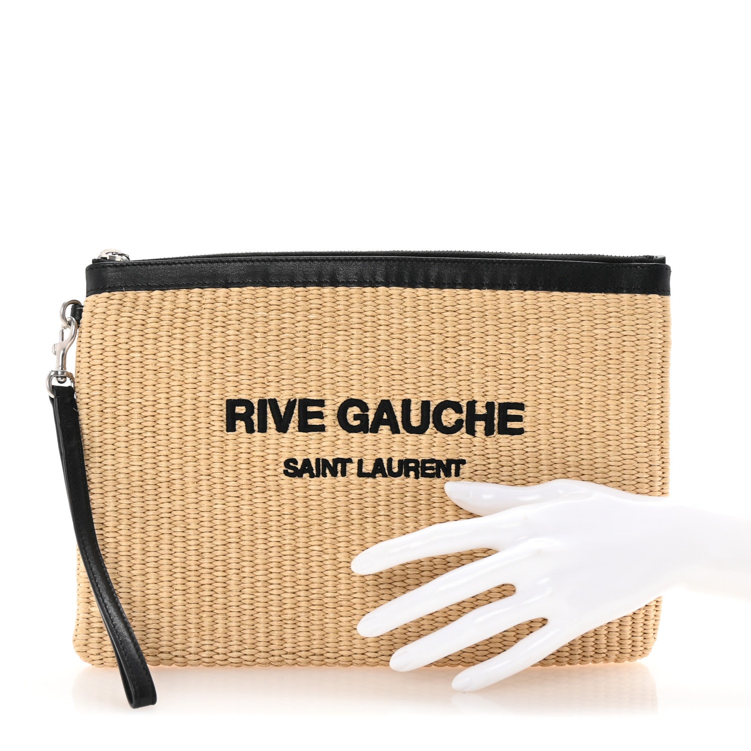 Saint Laurent Raffia Calfskin Rive Gauche Zipped Pouch Naturale Black 2 of 7