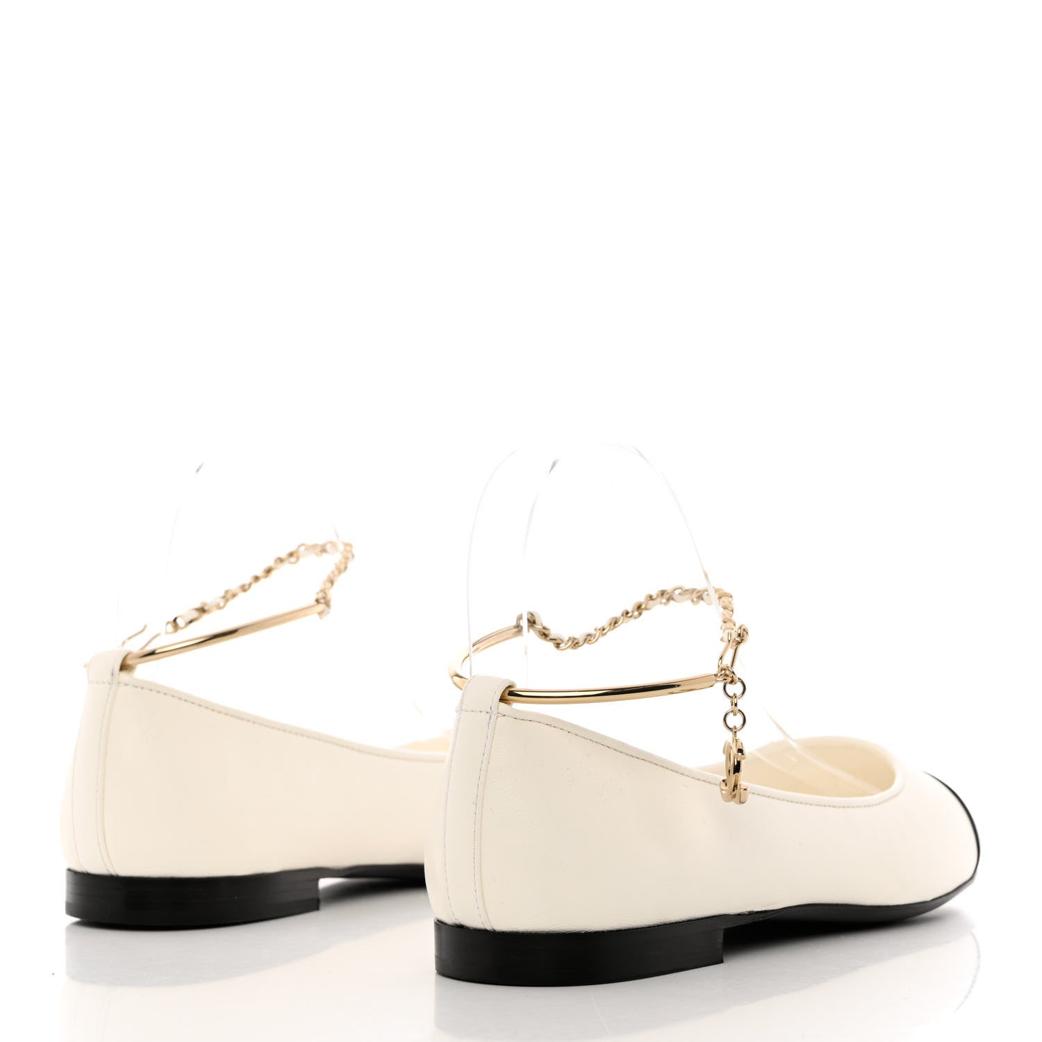 Chanel Lambskin Patent Calfskin Cap Toe Ankle Chain Ballerina Flats 38 White Black 4 of 10
