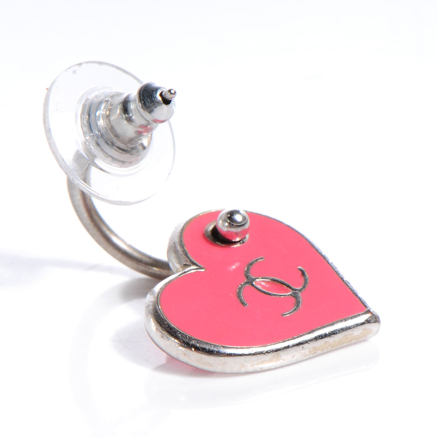 Chanel Enamel Valentine CC Heart Earrings Pink Silver 4 of 4