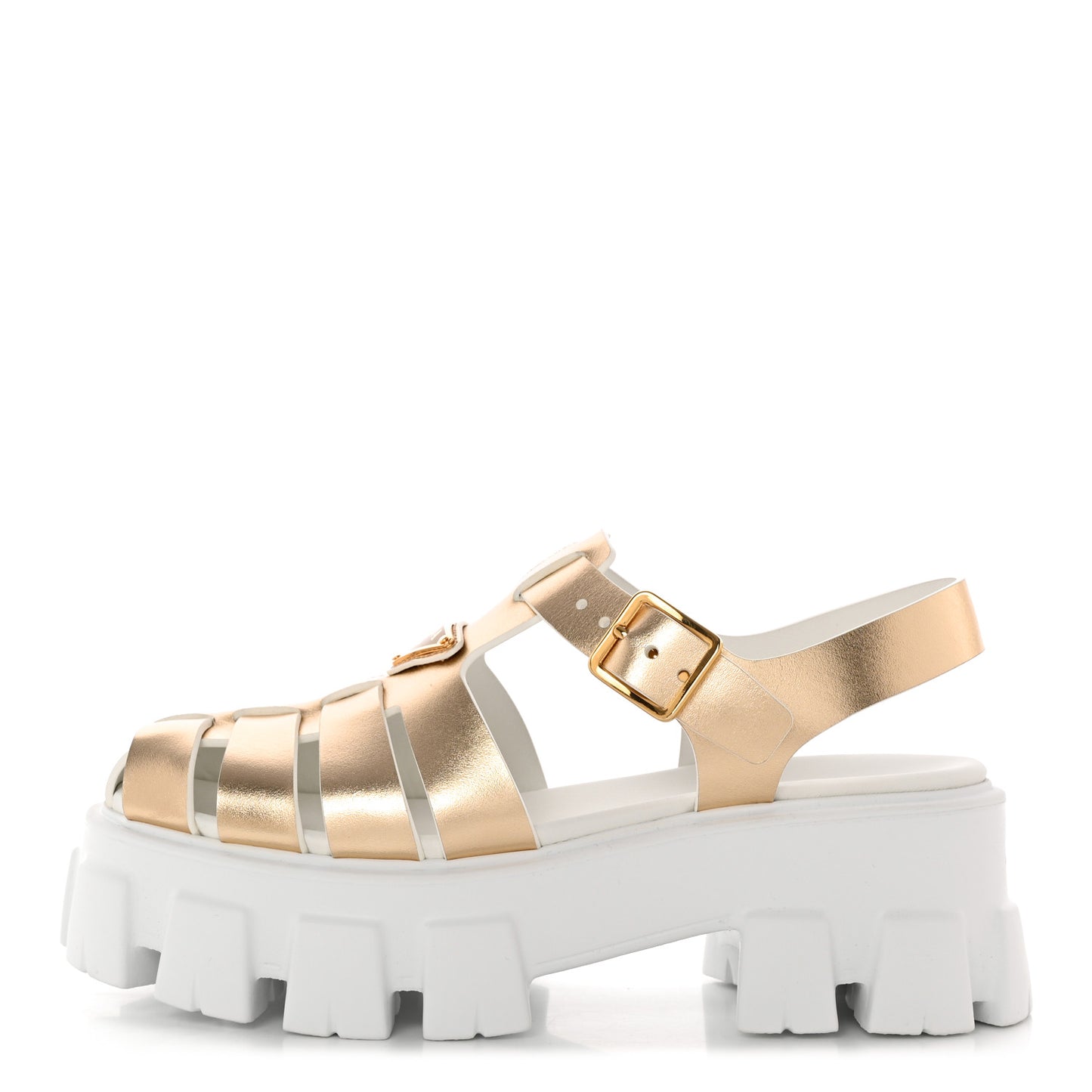 Vitello Metal Triangle Logo Monolith 55mm Cage Sandals 37 Platino