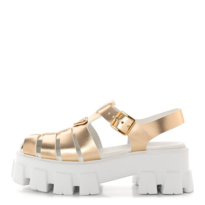 Prada Vitello Metal Triangle Logo Monolith 55mm Cage Sandals 37 Platino 1 of 12