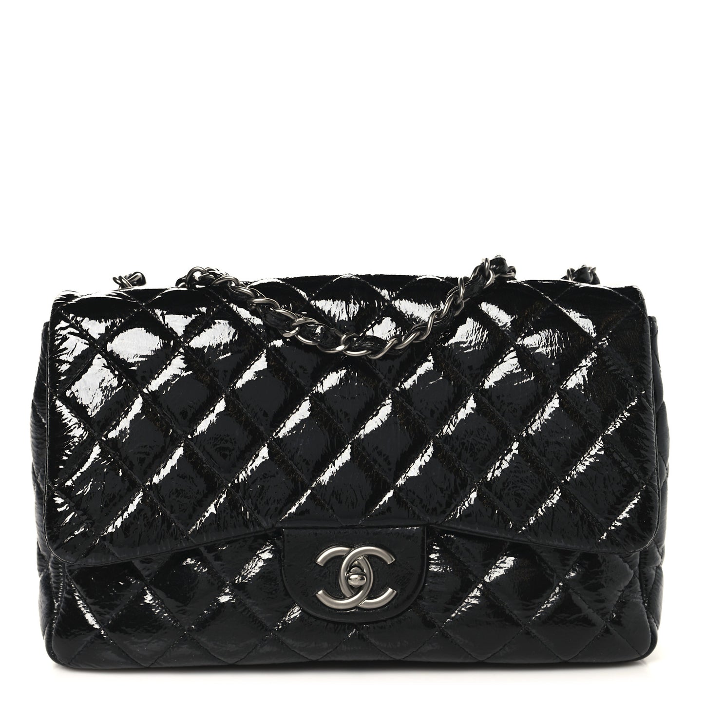 Crinkled Patent Quilted Jumbo Single Flap Black