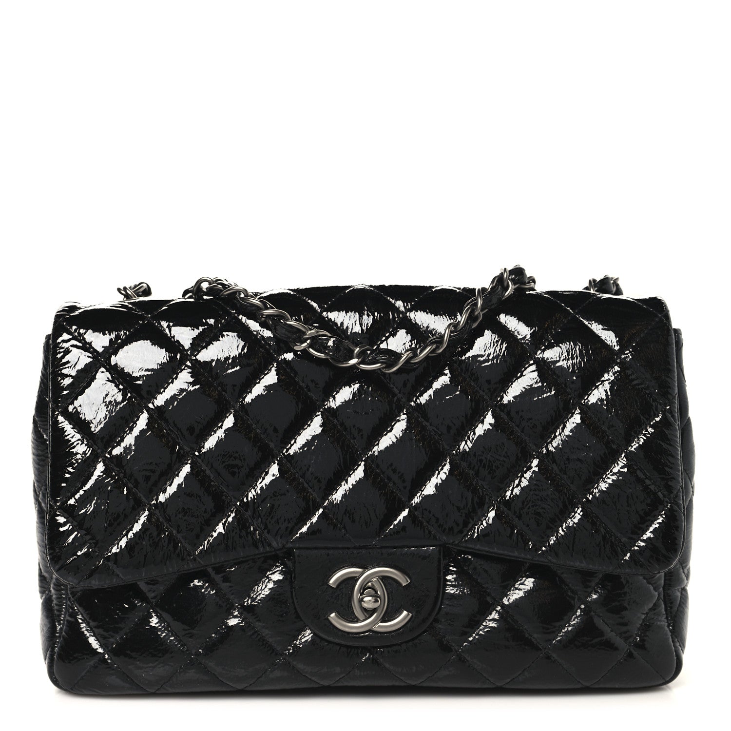 Chanel Crinkled Patent Quilted Jumbo Single Flap Black 1 of 11