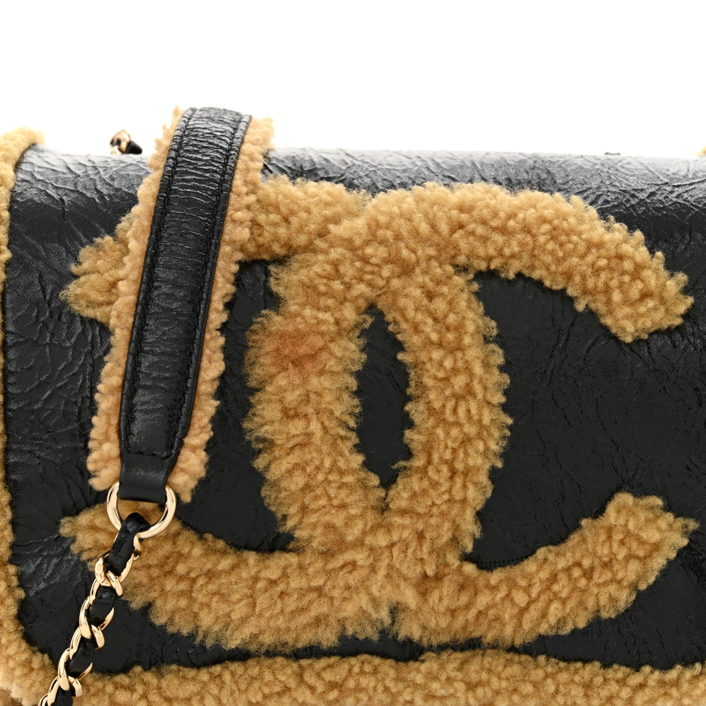 Shiny Crumpled Sheepskin Shearling CC Mania Flap Bag Black Beige